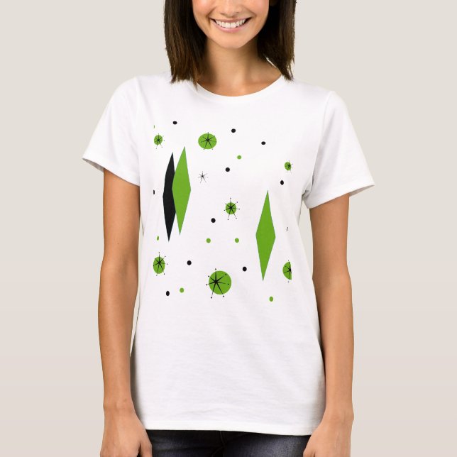 Retro Grönt Diamonds and Starbursts T-Shirt (Framsida)
