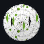 Retro Grönt Diamonds & Starbursts Dart Board Piltavla<br><div class="desc">Anpassadet Retro Grönt Diamonds and Starbursts Dart Board är ett nytt sätt att ta sig an stil i vintagen. Den har kitschi, svarta stjärnor på grönt polka dots, omgivande geometriska, grönt och svarta diamantformer. Anpassa bakgrunden till färg på denna moderna produkt i mitten av århundradet om du känner dig djärv,...</div>