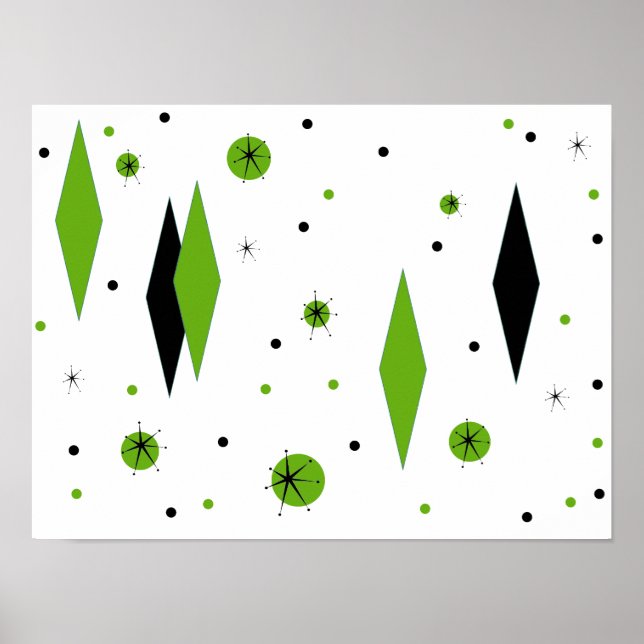 Retro Grönt Diamonds & Starbursts Poster (Framsidan)