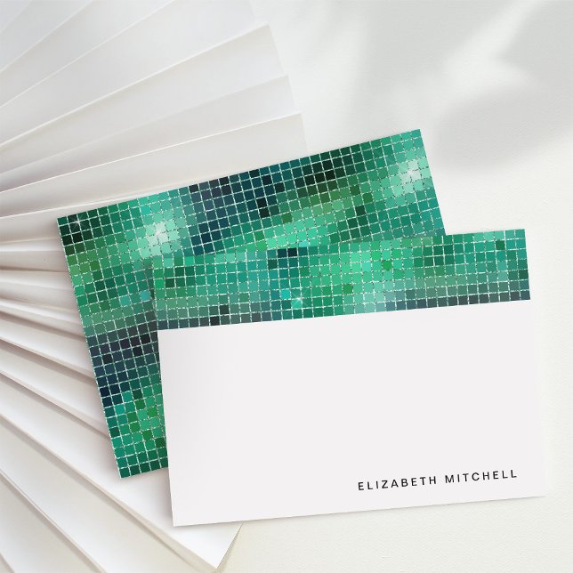 Retro Grönt Disco Boll Spegel | Monogram Anteckningskort (Glam, disco-inspired note cards)