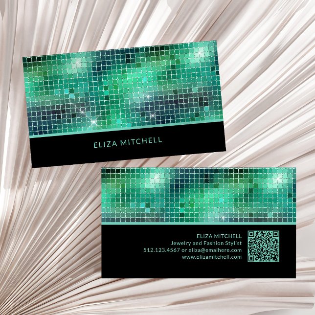 Retro Grönt Disco Boll Spegel | QR-kod Visitkort (A glam, disco inspired green and black business card, with scannable QR code)