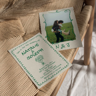 Retro Grönt Hand plockade Quirky Blommigt Photo Br Inbjudningar