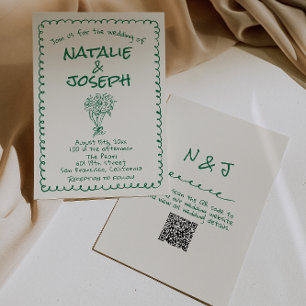 Retro Grönt Hand plockade Quirky QR-koden Bröllop Inbjudningar