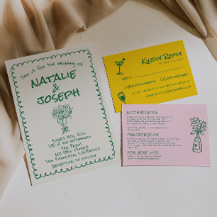 Retro Grönt Hand plockade Skriven Quirky Roligt Br Inbjudningar