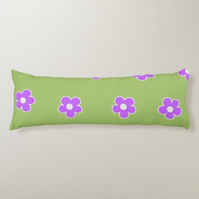 Retro Grönt Lila Blommigt enkel Flower Mönster Kroppskudde (Framsidan)