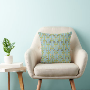 Retro Grönt och Blue Cute Folksy-Blommönstret Kudde