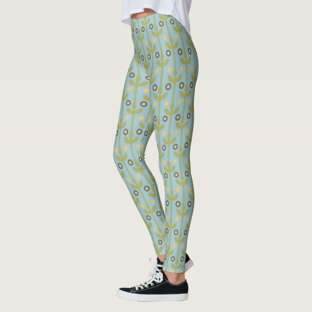 Retro Grönt och Blue Cute Folksy-Blommönstret Leggings (Vänster)