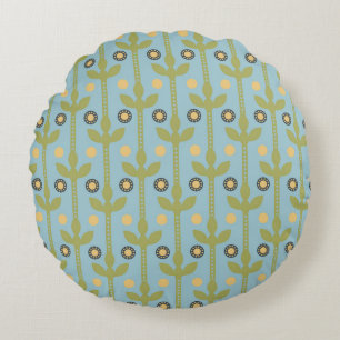 Retro Grönt och Blue Cute Folksy-Blommönstret Rund Kudde