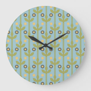 Retro Grönt och Blue Cute Folksy-Blommönstret Stor Klocka