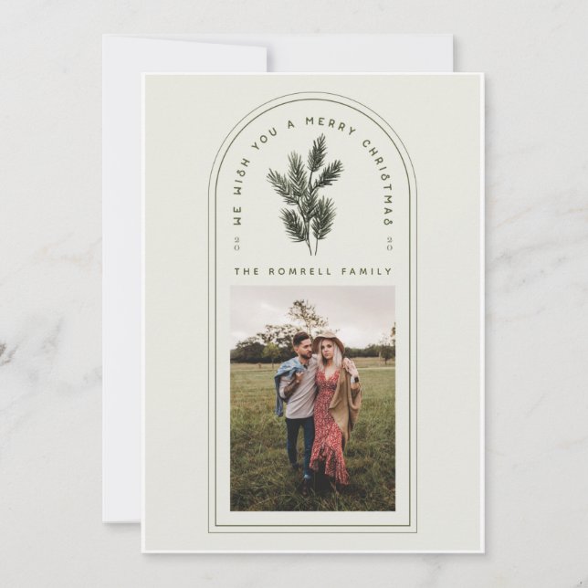 Retro Grönt och Cream Arch med Gräs Gren Photo Julkort (Framsida)