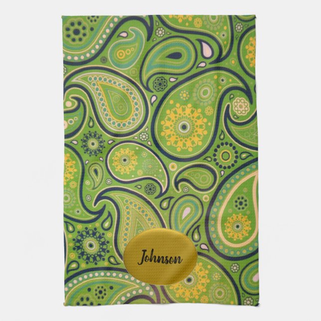 Retro Grönt och Gult Paisley Design Kökshandduk (Vertikal)