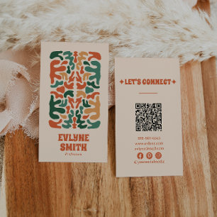 Retro Grönt Orange QR Code Groovy Blommigt Boho Visitkort