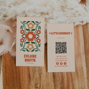 Retro Grönt Orange QR Code Groovy Blommigt Roligt Visitkort