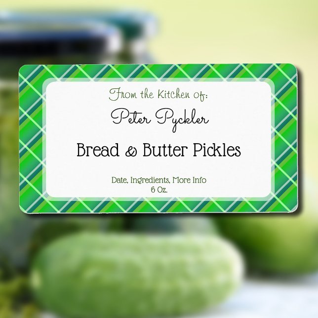 Retro Grönt Play Edable Canning eller Food Label Fraktsedel (Green plaid pattern editable pickling or baking shipping label)
