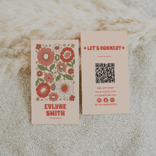 Retro Grönt Red QR Code Groovy Blommigt Funky Boho Visitkort