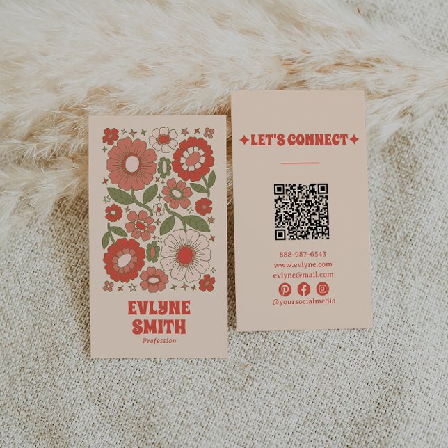Retro Grönt Red QR Code Groovy Blommigt Funky Boho Visitkort (Skapare uppladdad)