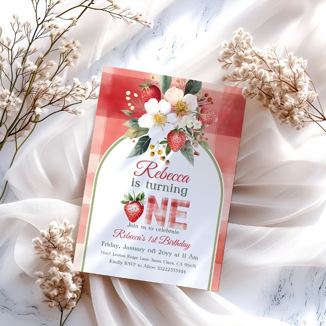 Retro Grönt Red Strawberry Berry Första födelsedag Inbjudningar (Skapare uppladdad)