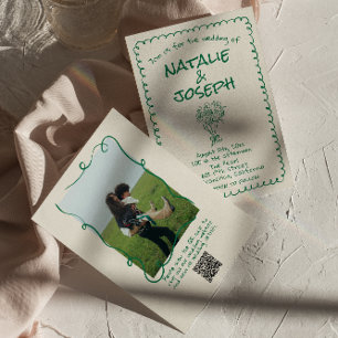 Retro Grönt Ritad Blommigt Foto QR-kod Bröllop Inbjudningar