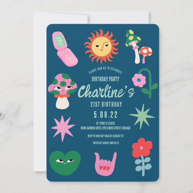 Retro Grönt Rosa 21:a födelsedag Party Inbjudningar (Framsida)