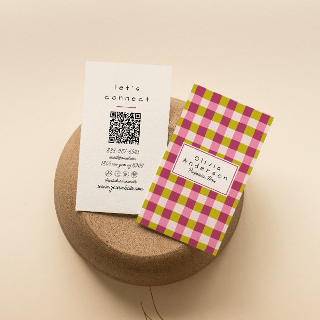 Retro Grönt Rosa Checkered Gingham Girly QR Code Visitkort (Skapare uppladdad)