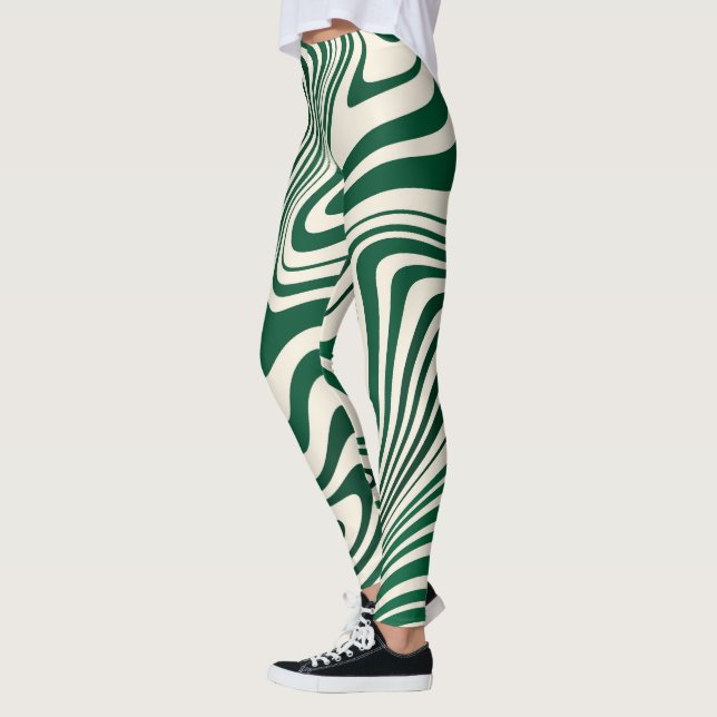 Retro Grönt Swirl Abstrakt Mönster Leggings (Vänster)