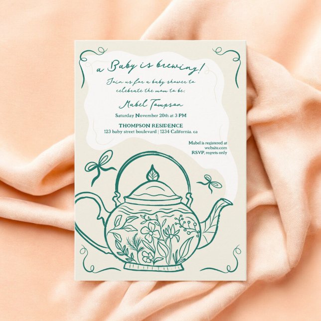 Retro-gröntens tekanna baby andas babydusch inbjudningar (Retro green bow teapot baby is brewing Baby shower Invitation)