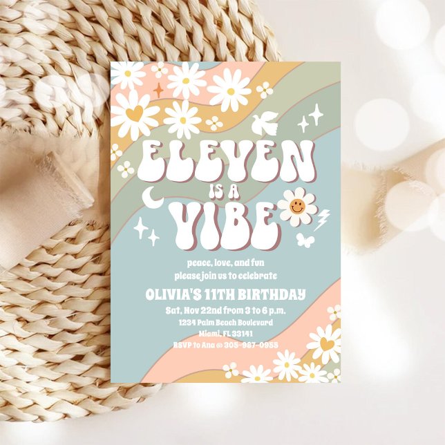 Retro Groovy 11-års födelsedagsinbjudan Inbjudningar (Skapare uppladdad)