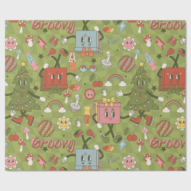 retro groovy 1970 disko julgran grön check presentpapper (Platt)