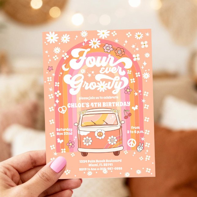 Retro Groovy 4-års födelsedagsinbjudan Inbjudningar (Skapare uppladdad)