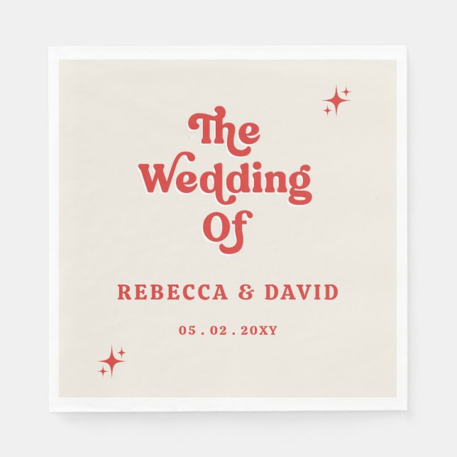 Retro Groovy 70-talet Cute Ivory Red Bröllop Pappersservett (Framsidan)