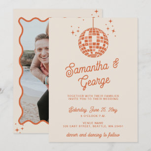 Retro Groovy 70-talet Ivory Orange Photo Disco Brö Inbjudningar