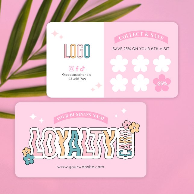 Retro Groovy 70-talets Rosa Aesthetic Nagel Salon  Lojalitetskort (Groovy Retro Pink Aesthetic Business Stamp Cards with space for your logo and rewards offer)