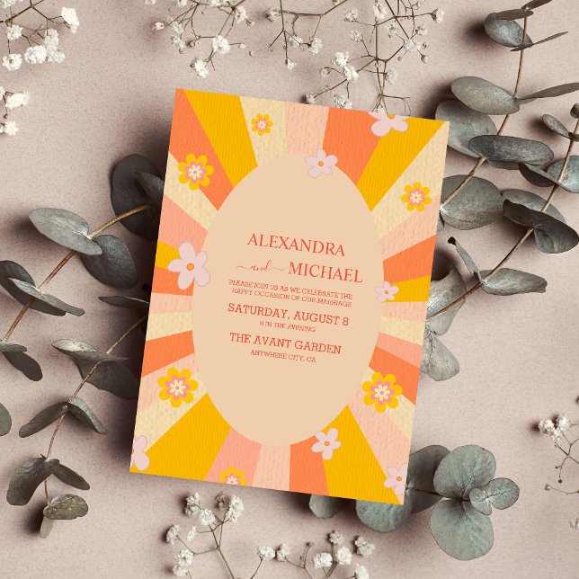 Retro Groovy 70's ThLED orange gult Bröllop Inbjudningar (Skapare uppladdad)