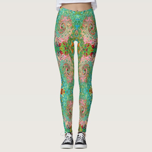 Retro Groovy Abstrakt Färgrik Regnbågsvirvel Leggings (Framsida)