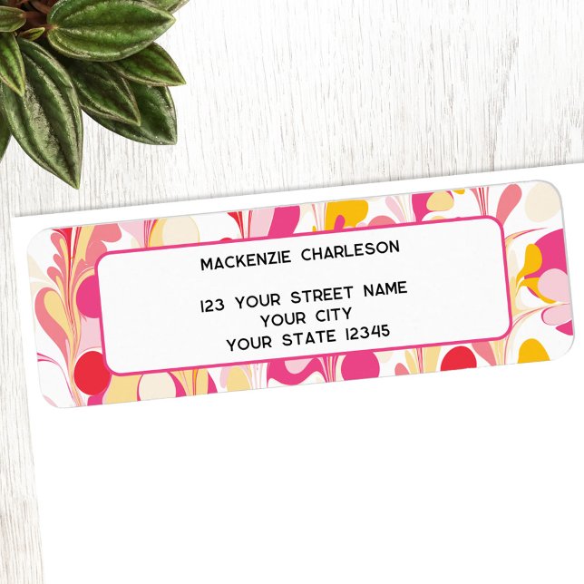 Retro Groovy Abstrakt Marble Returadress Etikett (Retro groovy marbled pink yellow abstract return address label)