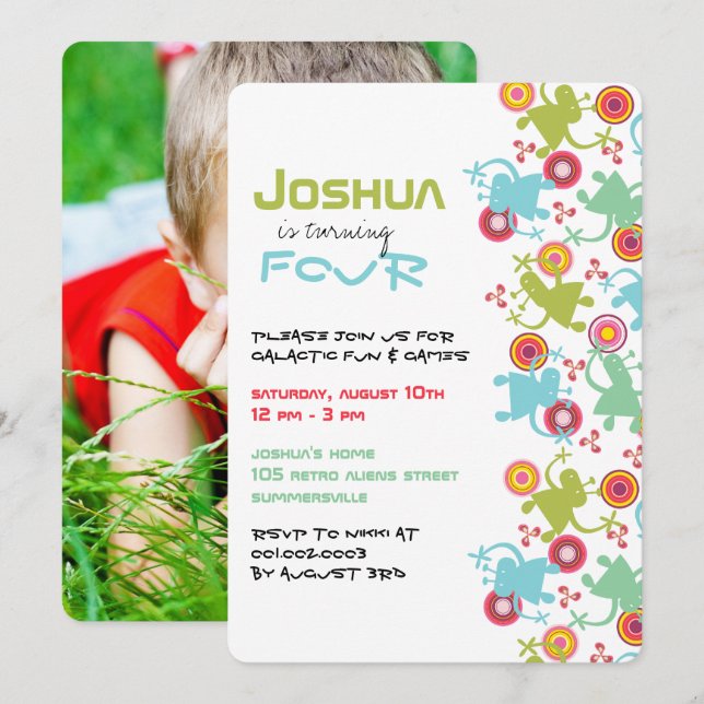 Retro Groovy Aliens Barn Fotofödelsedagsinbjudan Inbjudningar (Fram/baksida)