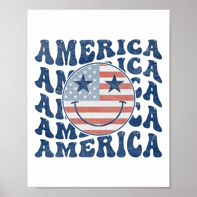 Retro Groovy Amerika Usa Leende Ansikte Patriotisk Poster (Framsidan)