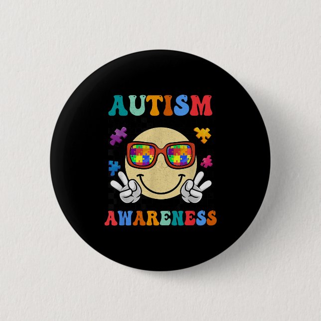 Retro groovy autismmedvetenhet acceptans leende an knapp (Framsida)