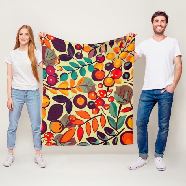 Retro Groovy Autumn Fall Berries Löv Mönster Fleecefilt (På plats)