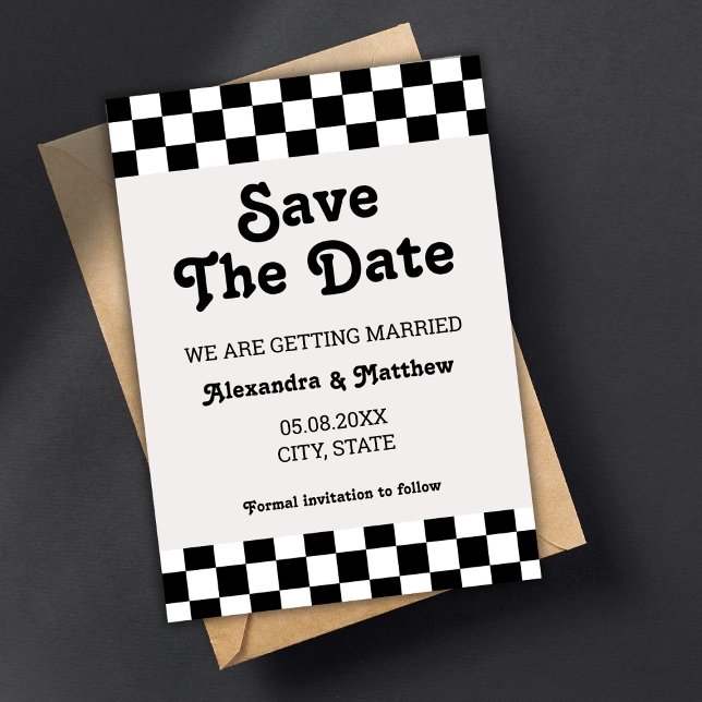 Retro Groovy Black and White Checkated Spara Datumet (retro save the date card checkerboard classic black and white groovy)