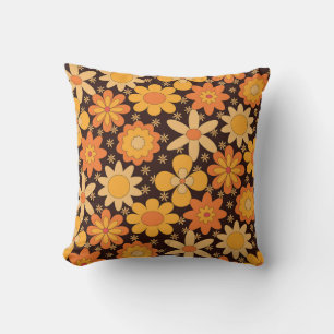 Retro Groovy Blommig 70-tal Orange Gul Kudde
