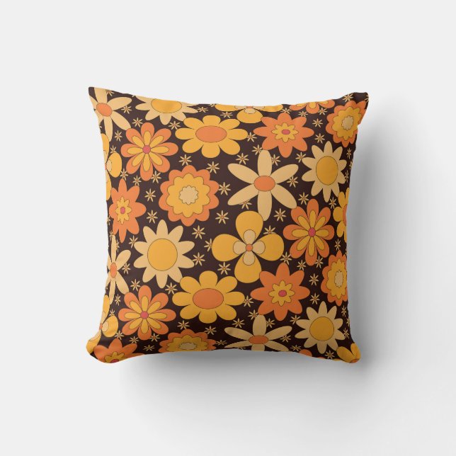 Retro Groovy Blommig 70-tal Orange Gul  Kudde (Framsida)