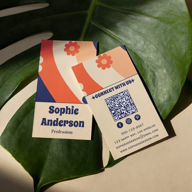 Retro Groovy Blommig Affärs-/Namnskort med QR-kod Visitkort (Skapare uppladdad)