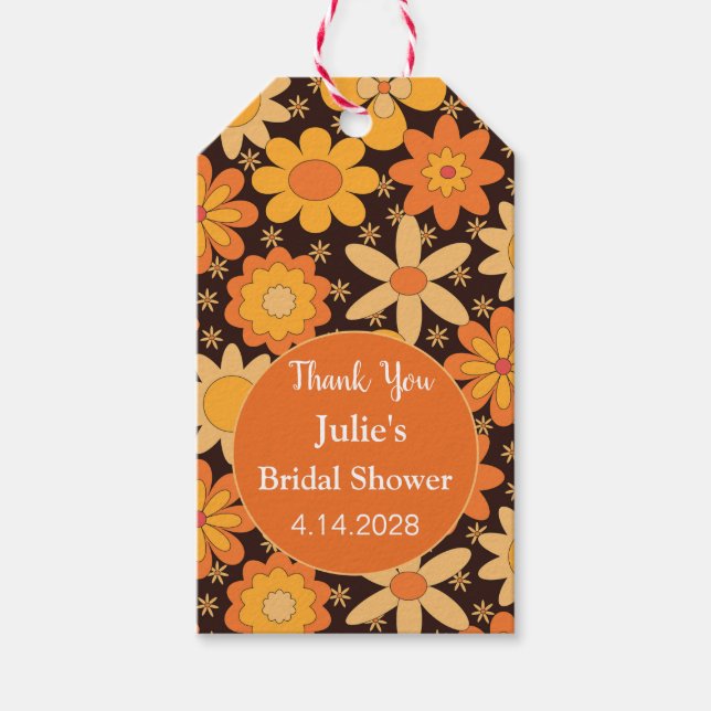 Retro Groovy Blommig Orange gul Tack Presentetikett (Framsidan)
