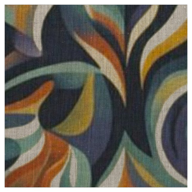 Retro Groovy Blommig Virvel Navy Teal Orange Mönst Tyg (Provkarta)