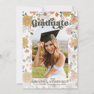 Retro Groovy Blommigt Arch Studenten Photo Inbjudningar