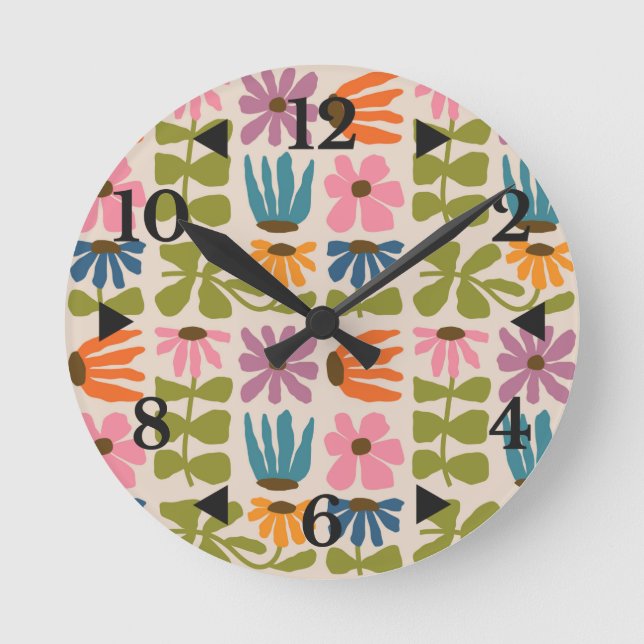Retro Groovy Blommigt Round Clock Rund Klocka (Framsida)
