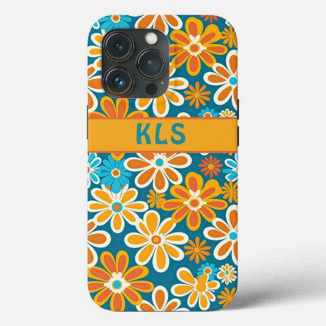 Retro Groovy Blommigt Teal Gult & Orange Monogram (Baksida )