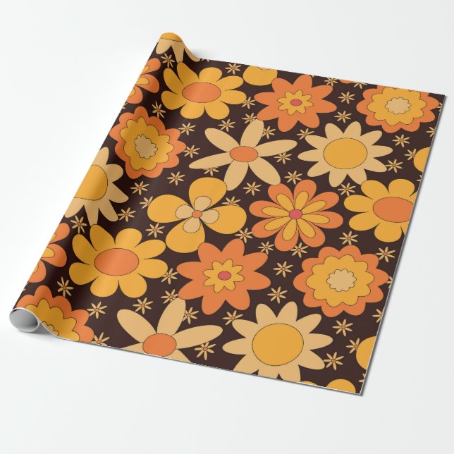 Retro Groovy Blommönster Gult och Orange  Presentpapper (Utrullad)