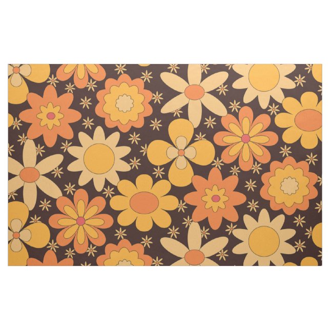 Retro Groovy Blommönster Gult och Orange Tyg (Yard)